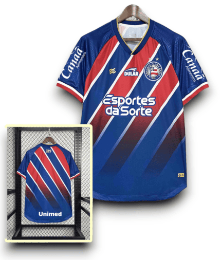 Camisa Bahia 2024/25 Patrocínios - Torcedor Masculina - Vermelha - Azul - Tricolor