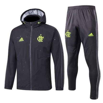 Conjunto Flamengo 2019/20 Jaqueta Corta Vento Capuz (Impermeável) e Calça de Treino - Retrô - Preto Cinza Verde