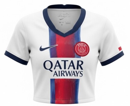 Camisa Cropped Paris Saint Germain (PSG) 2026/27 Away II - Torcedor Feminina - Azul - Vermelha - Branca