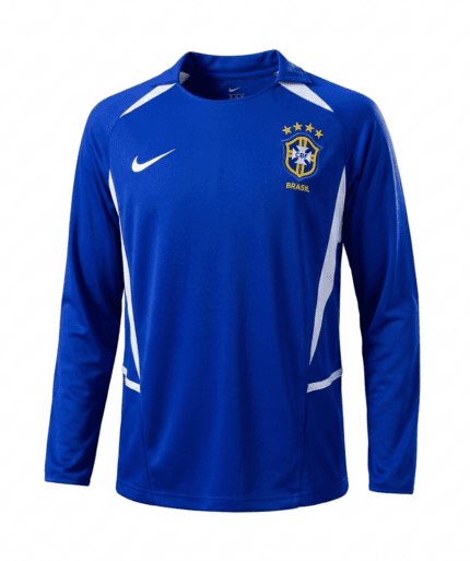 Camisa Brasil 2002 Manga Longa - Retrô Masculina - Azul - Branca