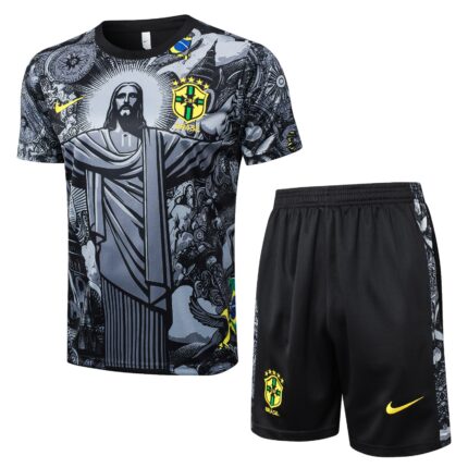 Kit Brasil 2026/27 Camisa e Shorts de Treino Cristo Redentor - Cinza - Preta