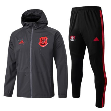 Conjunto Flamengo 2019/20 Jaqueta Corta Vento Capuz (Impermeável) e Calça de Treino - Retrô - Preto Cinza Vermelho