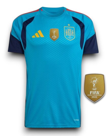 Camisa Espanha 2026/27 Treino - Patch Campeão Copa do Mundo - Torcedor Masculina - Azul