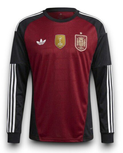 Camisa Espanha 2026/27 - Patch Campeão Copa do Mundo - Manga Longa Goleiro - Torcedor Masculina - Vermelha - Preta