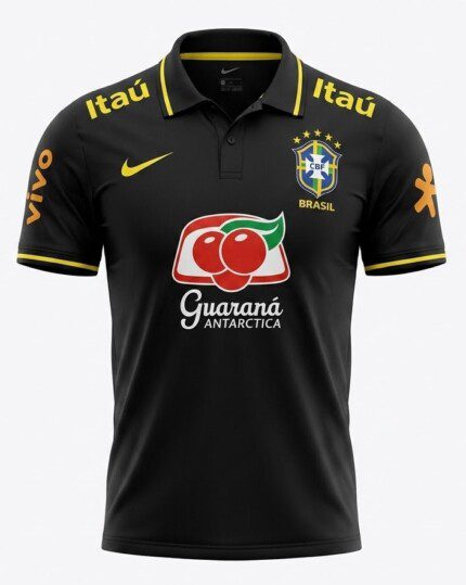 Camisa Brasil 2022 Treino Polo - Retrô - Jogador Masculina - Preta - Dourada